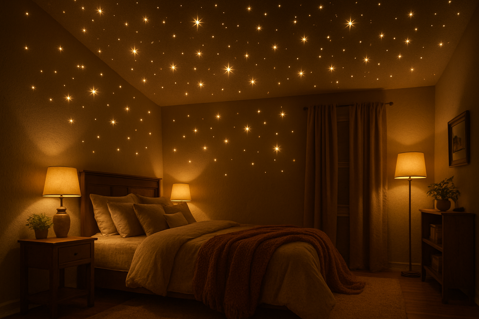 cozy room with star lights on the ceiling 
